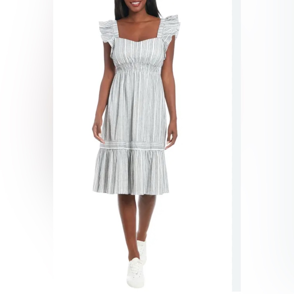 London Times White and Gray Striped Midi Dress Size L
